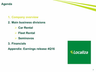 1. Company overview
2. Main business divisions
 Car Rental
 Fleet Rental
 Seminovos
3. Financials
Appendix: Earnings release 4Q16
Agenda
2
 