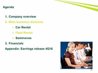 23
1. Company overview
2. Main business divisions
 Car Rental
 Fleet Rental
 Seminovos
3. Financials
Appendix: Earnings release 4Q16
Agenda
 