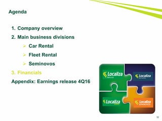 32
1. Company overview
2. Main business divisions
 Car Rental
 Fleet Rental
 Seminovos
3. Financials
Appendix: Earnings release 4Q16
Agenda
 