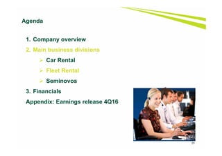 23
1. Company overview
2. Main business divisions
 Car Rental
 Fleet Rental
 Seminovos
3. Financials
Appendix: Earnings release 4Q16
Agenda
 