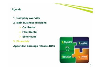 32
1. Company overview
2. Main business divisions
 Car Rental
 Fleet Rental
 Seminovos
3. Financials
Appendix: Earnings release 4Q16
Agenda
 
