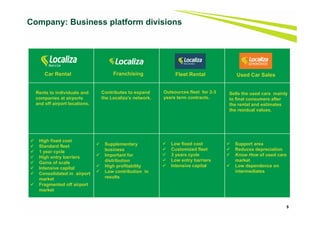 5
 High fixed cost
 Standard fleet
 1 year cycle
 High entry barriers
 Gains of scale
 Intensive capital
 Consolidated in airport
market
 Fragmented off airport
market
 Support area
 Reduces depreciation
 Know How of used cars
market
 Low dependence on
intermediates
 Supplementary
business
 Important for
distribution
 High profitability
 Low contribution in
results
Company: Business platform divisions
Car Rental
Rents to individuals and
companies at airports
and off airport locations.
Franchising
Contributes to expand
the Localiza’s network.
Fleet Rental
Outsources fleet for 2-3
years term contracts.
Used Car Sales
Sells the used cars mainly
to final consumers after
the rental and estimates
the residual values.
 Low fixed cost
 Customized fleet
 3 years cycle
 Low entry barriers
 Intensive capital
 