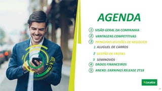 AGENDA
VISÃO GERAL DA COMPANHIA1
PRINCIPAIS DIVISÕES DE NEGÓCIOS3
DADOS FINANCEIROS4
ANEXO: EARNINGS RELEASE 2T185
ALUGUEL DE CARROS
GESTÃO DE FROTAS
SEMINOVOS
1
2
3
VANTAGENS COMPETITIVAS2
26
 