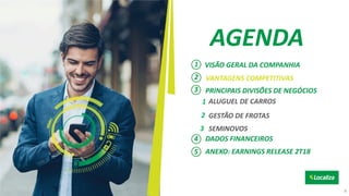 AGENDA
VISÃO GERAL DA COMPANHIA1
PRINCIPAIS DIVISÕES DE NEGÓCIOS3
DADOS FINANCEIROS4
ANEXO: EARNINGS RELEASE 2T185
ALUGUEL DE CARROS
GESTÃO DE FROTAS
SEMINOVOS
1
2
3
VANTAGENS COMPETITIVAS2
8
 