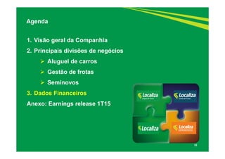32
1. Visão geral da Companhia
2. Principais divisões de negócios
 Aluguel de carros
 Gestão de frotas
 Seminovos
3. Dados Financeiros
Anexo: Earnings release 1T15
Agenda
 