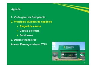 19
1. Visão geral da Companhia
2. Principais divisões de negócios
 Aluguel de carros
 Gestão de frotas
 Seminovos
3. Dados Financeiros
Anexo: Earnings release 3T15
Agenda
 