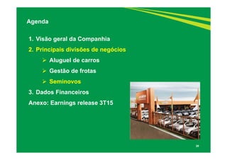 29
1. Visão geral da Companhia
2. Principais divisões de negócios
 Aluguel de carros
 Gestão de frotas
 Seminovos
3. Dados Financeiros
Anexo: Earnings release 3T15
Agenda
 