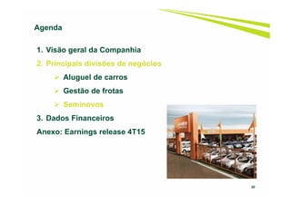 30
1. Visão geral da Companhia
2. Principais divisões de negócios
Aluguel de carros
Gestão de frotas
Seminovos
3. Dados Financeiros
Anexo: Earnings release 4T15
Agenda
 