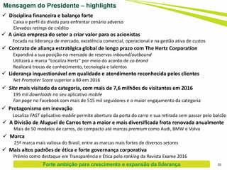 Mensagem do Presidente – highlights
 Disciplina financeira e balanço forte
Caixa e perfil da dívida para enfrentar cenário adverso
Elevados ratings de crédito
 A única empresa do setor a criar valor para os acionistas
Focada na liderança de mercado, excelência comercial, operacional e na gestão ativa de custos
 Contrato de aliança estratégica global de longo prazo com The Hertz Corporation
Expandirá a sua posição no mercado de reservas inbound/outbound
Utilizará a marca “Localiza Hertz” por meio do acordo de co-brand
Realizará trocas de conhecimento, tecnologia e talentos
 Liderança inquestionável em qualidade e atendimento reconhecida pelos clientes
Net Promoter Score superior a 80 em 2016
 Site mais visitado da categoria, com mais de 7,6 milhões de visitantes em 2016
195 mil downloads no seu aplicativo mobile
Fan page no Facebook com mais de 515 mil seguidores e o maior engajamento da categoria
 Protagonismo em inovação
Localiza FAST aplicativo mobile permite abertura da porta do carro e sua retirada sem passar pelo balcão
 Marca
25ª marca mais valiosa do Brasil, entre as marcas mais fortes de diversos setores
 Mais altos padrões de ética e forte governança corporativa
Prêmio como destaque em Transparência e Ética pelo ranking da Revista Exame 2016
 A Divisão de Aluguel de Carros tem a maior e mais diversificada frota renovada anualmente
Mais de 50 modelos de carros, do compacto até marcas premium como Audi, BMW e Volvo
33Forte ambição para crescimento e expansão da liderança
 