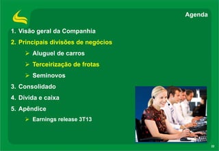 Agenda
1. Visão geral da Companhia
2. Principais divisões de negócios
 Aluguel de carros

 Terceirização de frotas
 Seminovos
3. Consolidado
4. Dívida e caixa
5. Apêndice
 Earnings release 3T13

22

 