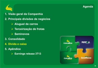 Agenda
1. Visão geral da Companhia
2. Principais divisões de negócios
 Aluguel de carros

 Terceirização de frotas
 Seminovos
3. Consolidado
4. Dívida e caixa
5. Apêndice
 Earnings release 3T13

38

 