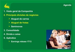 21
1. Visão geral da Companhia
2. Principais divisões de negócios
 Aluguel de carros
 Aluguel de frotas
 Seminovos
3. Consolidado
4. Dívida e caixa
5. Apêndice
 Earnings release 1T13
Agenda
 