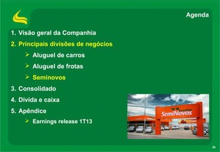 26
1. Visão geral da Companhia
2. Principais divisões de negócios
 Aluguel de carros
 Aluguel de frotas
 Seminovos
3. Consolidado
4. Dívida e caixa
5. Apêndice
 Earnings release 1T13
Agenda
 