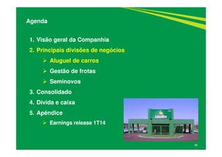 15
1. Visão geral da Companhia
2. Principais divisões de negócios
Aluguel de carros
Gestão de frotas
Seminovos
3. Consolidado
4. Dívida e caixa
5. Apêndice
Earnings release 1T14
Agenda
 