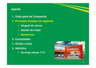 26
1. Visão geral da Companhia
2. Principais divisões de negócios
Aluguel de carros
Gestão de frotas
Seminovos
3. Consolidado
4. Dívida e caixa
5. Apêndice
Earnings release 1T14
Agenda
 