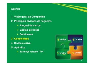 32
1. Visão geral da Companhia
2. Principais divisões de negócios
Aluguel de carros
Gestão de frotas
Seminovos
3. Consolidado
4. Dívida e caixa
5. Apêndice
Earnings release 1T14
Agenda
 
