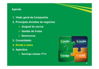 38
1. Visão geral da Companhia
2. Principais divisões de negócios
Aluguel de carros
Gestão de frotas
Seminovos
3. Consolidado
4. Dívida e caixa
5. Apêndice
Earnings release 1T14
Agenda
 