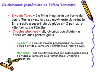 Eixo da Terra  – é a linha imaginária em torno da qual a Terra executa o seu movimento de rotação. Intersecta a superfície do globo em 2 pontos: o Pólo Norte e o Pólo Sul.  Os elementos geométricos da Esfera Terrestre Círculos Máximos –  são círculos que dividem a Terra em duas partes iguais.  Equador –  é o círculo máximo perpendicular ao eixo da Terra e divide a Terra em 2 hemisférios (Norte e Sul).  Meridianos –  são círculos máximos que passam pelos pólos e dividem a Terra em dois Hemisférios (Oriental e Ocidental). 