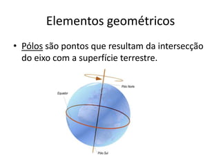 Elementos geométricosPólos são pontos que resultam da intersecção do eixo com a superfície terrestre.