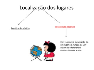 Localização dos lugaresLocalização absolutaLocalização relativaCorresponde à localização de um lugar em função de um sistema de referência universalmente aceite.