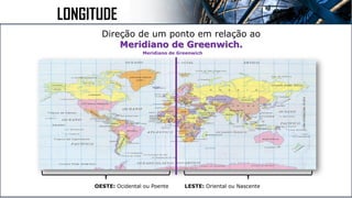 Direção de um ponto em relação ao
Meridiano de Greenwich.
OESTE: Ocidental ou Poente LESTE: Oriental ou Nascente
Meridiano de Greenwich
LONGITUDE
 