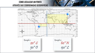 Exemplo 1:
20º S
50º O
COMO LOCALIZAR UM PONTO
ATRAVÉS DAS COORDENADAS GEOGRÁFICAS
Exemplo 2:
60º N
130º L
 