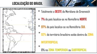 LOCALIZAÇÃO DO BRASIL
Totalmente a OESTE do Meridiano de Greenwich
7% do país localiza-se no Hemisfério NORTE
97% do país localiza-se no Hemisfério SUL
92% do território brasileiro estão dentro da ZONA
INTERTROPICAL
8% na ZONA TEMPERADA ou SUBTROPICAL
 