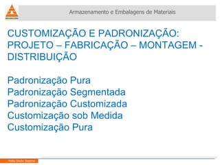 CUSTOMIZAÇÃO E PADRONIZAÇÃO: PROJETO – FABRICAÇÃO – MONTAGEM - DISTRIBUIÇÃO Padronização Pura  Padronização Segmentada Padronização Customizada Customização sob Medida Customização Pura Armazenamento e Embalagens de Materiais Helio Souto Dapena 