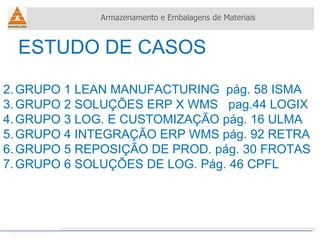 ESTUDO DE CASOS Armazenamento e Embalagens de Materiais Helio Souto Dapena GRUPO 1 LEAN MANUFACTURING  pág. 58 ISMA GRUPO 2 SOLUÇÕES ERP X WMS  pag.44 LOGIX GRUPO 3 LOG. E CUSTOMIZAÇÃO pág. 16 ULMA GRUPO 4 INTEGRAÇÃO ERP WMS pág. 92 RETRA GRUPO 5 REPOSIÇÃO DE PROD. pág. 30 FROTAS GRUPO 6 SOLUÇÕES DE LOG. Pág. 46 CPFL 