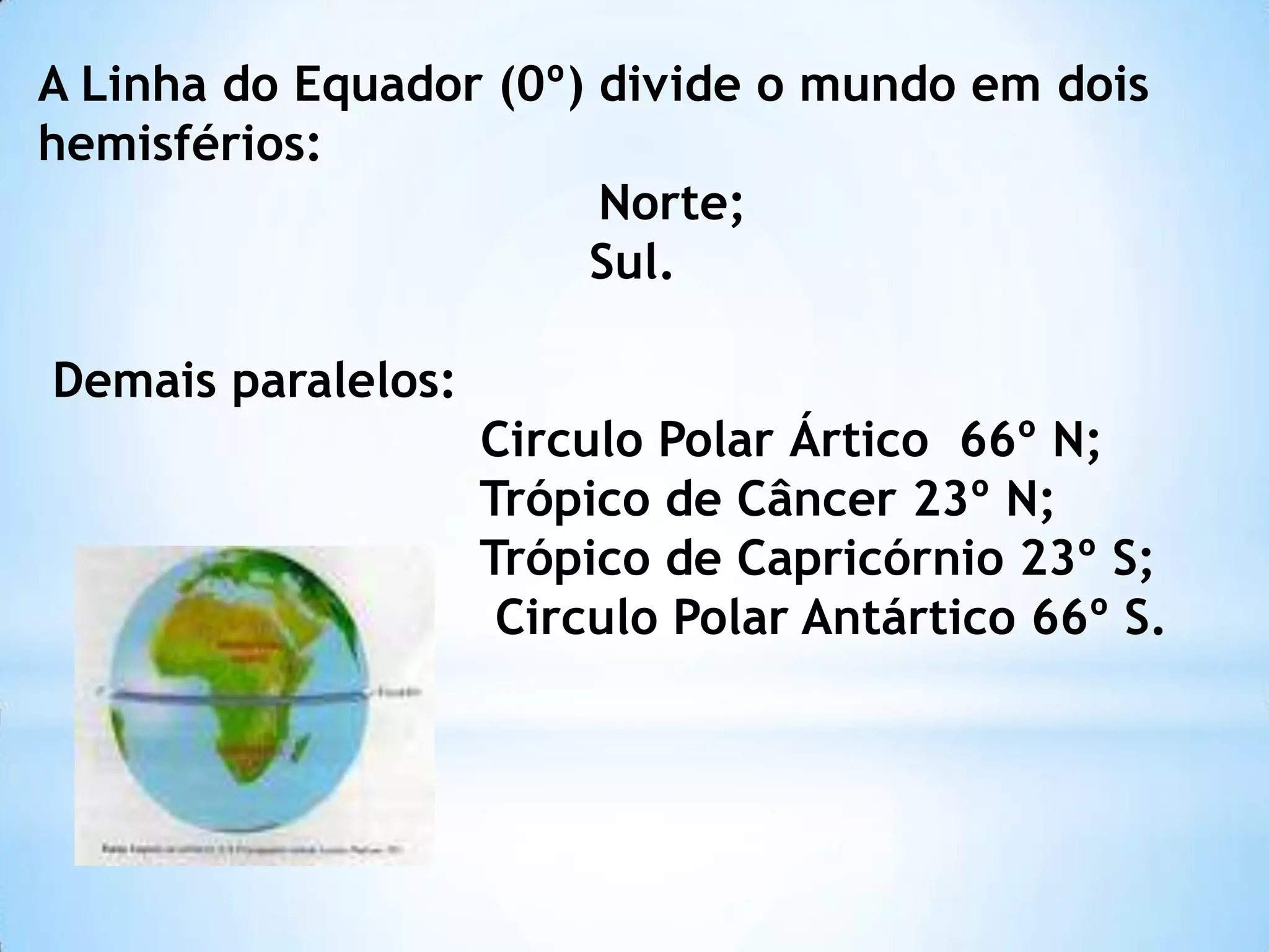 A Linha do Equador (0º) divide o mundo em dois
hemisférios:
Norte;
Sul.
Demais paralelos:
Circulo Polar Ártico 66º N;
Trópico de Câncer 23º N;
Trópico de Capricórnio 23º S;
Circulo Polar Antártico 66º S.