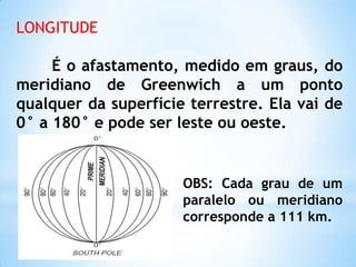 LONGITUDE

     É o afastamento, medido em graus, do
meridiano de Greenwich a um ponto
qualquer da superfície terrestre. Ela vai de
0° a 180° e pode ser leste ou oeste.


                      OBS: Cada grau de um
                      paralelo ou meridiano
                      corresponde a 111 km.
 