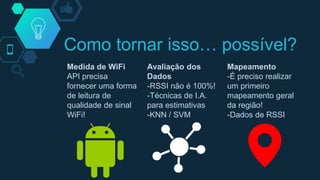 Como tornar isso… possível?
Medida de WiFi
API precisa
fornecer uma forma
de leitura de
qualidade de sinal
WiFi!
Avaliação dos
Dados
-RSSI não é 100%!
-Técnicas de I.A.
para estimativas
-KNN / SVM
Mapeamento
-É preciso realizar
um primeiro
mapeamento geral
da região!
-Dados de RSSI
 