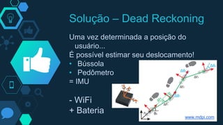 Solução – Dead Reckoning
Uma vez determinada a posição do
usuário...
É possível estimar seu deslocamento!
• Bússola
• Pedômetro
= IMU
- WiFi
+ Bateria
www.mdpi.com
 