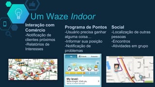 Um Waze Indoor
Interação com
Comércio
-Notificação de
clientes próximos
-Relatórios de
Interesses
Programa de Pontos
-Usuário precisa ganhar
alguma coisa…
-Informar sua posição
-Notificação de
problemas
Social
-Localização de outras
pessoas
-Encontros
-Atividades em grupo
 