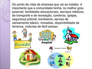 Do ponto de vista da empresa que vai se instalar, é
importante que a comunidade tenha, no melhor grau
possível, facilidades educacionais, serviços médicos,
de transporte e de recreação, comércio, igrejas,
segurança policial, bombeiros, serviço de
saneamento básico, moradias, disponibilidade de
terrenos, rodovias de fácil acesso
 