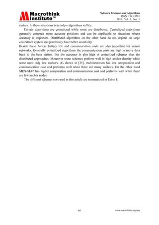 Network Protocols and Algorithms
                                                                            ISSN 1943-3581
                                                                        2010, Vol. 2, No. 1

system. In these situations beaconless algorithms suffice.
    Certain algorithms are centralized while some are distributed. Centralized algorithms
generally compute more accurate positions and can be applicable to situations where
accuracy is important. Distributed algorithms on the other hand do not depend on large
centralized system and potentially have better scalability.
Beside these factors battery life and communication costs are also important for sensor
networks. Generally centralized algorithms the communication costs are high to move data
back to the base station. But the accuracy is also high in centralized schemes than the
distributed approaches. Moreover some schemes perform well in high anchor density while
some need only few anchors. As shown in [25], multilateration has low computation and
communication cost and performs well when there are many anchors. On the other hand
MDS-MAP has higher computation and communication cost and performs well when there
are few anchor nodes.
    The different schemes reviewed in this article are summarized in Table 1.




                                           66                          www.macrothink.org/npa
 