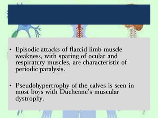 • Episodic attacks of flaccid limb muscle
weakness, with sparing of ocular and
respiratory muscles, are characteristic of
periodic paralysis.
• Pseudohypertrophy of the calves is seen in
most boys with Duchenne’s muscular
dystrophy.
 
