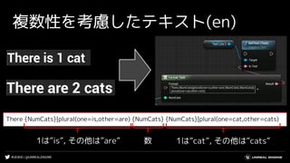 #UE4DD | @UNREALENGINE
There {NumCats}|plural(one=is,other=are) {NumCats} {NumCats}|plural(one=cat,other=cats)
1は”is”, その他は”are” 数 1は”cat”, その他は”cats”
複数性を考慮したテキスト(en)
 