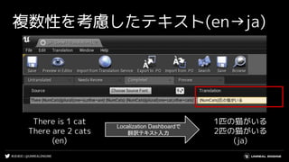#UE4DD | @UNREALENGINE
There is 1 cat
There are 2 cats
(en)
Localization Dashboardで
翻訳テキスト入力
1匹の猫がいる
2匹の猫がいる
(ja)
複数性を考慮したテキスト(en→ja)
 