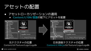 #UE4DD | @UNREALENGINE
アセットの配置
● アセットローカリゼーションの適用
● Content/L10N/言語の配下にアセットを配置
元テクスチャの位置
Content/UI/Texture/Logo/LogoBk
日本語版テクスチャの位置
Content/L10N/ja/UI/Texture/Logo/LogoBk
 