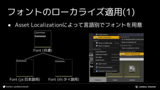 #UE4DD | @UNREALENGINE
フォントのローカライズ適用(1)
● Asset Localizationによって言語別でフォントを用意
Font (共通)
Font (th:タイ語用)Font (ja:日本語用)
 