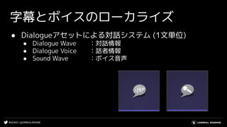 #UE4DD | @UNREALENGINE
字幕とボイスのローカライズ
● Dialogueアセットによる対話システム (1文単位)
● Dialogue Wave ：対話情報
● Dialogue Voice ：話者情報
● Sound Wave ：ボイス音声
 