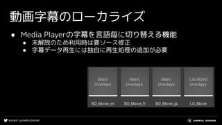 #UE4DD | @UNREALENGINE
動画字幕のローカライズ
● Media Playerの字幕を言語毎に切り替える機能
● 未解放のため利用時は要ソース修正
● 字幕データ再生には独自に再生処理の追加が必要
 