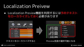 #UE4DD | @UNREALENGINE
Localization Preivew
● Localization Preview機能を利用するには予めテキスト
をローカライズしておく必要があります
テキストをローカライズすると Preview言語が選択可能になる
 