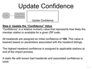 Update Confidence
           Get All
 ZIP      Headends
                         Update Confidence

Step 2: Update the “Confidence” Value
“Confidence” is a relative numeric value that represents how likely the
member station is available for a given ZIP code.

All headends are assigned an initial confidence of 100. This value is
lowered based on parameters associated with the headend listings.

The highest headend confidence is assigned to applicable stations at
end of the import process.

A static file with known bad headends and associated confidence is
used.

                                                                          1 of 3
 