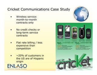 Cricket Communications Case Study

 •   Wireless service:
     month-to-month
     contracts only

 •   No credit checks or
     long-term service
     contracts

 •   Flat rate billing / less
     expensive than
     competition

 •   ~20% of customers in
     the US are of Hispanic
     origin
 