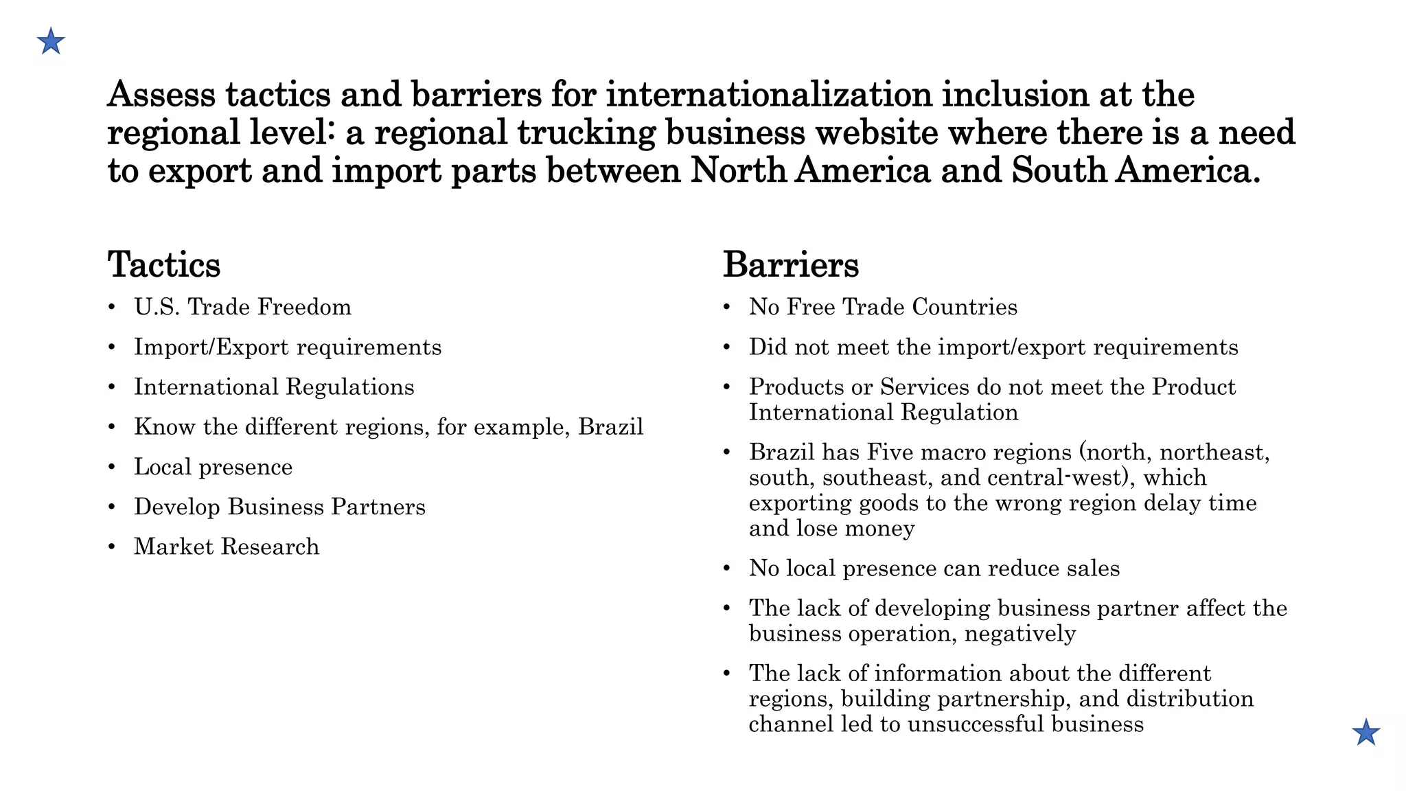 Assess tactics and barriers for internationalization inclusion at the
regional level: a regional trucking business website where there is a need
to export and import parts between North America and South America.
Tactics
• U.S. Trade Freedom
• Import/Export requirements
• International Regulations
• Know the different regions, for example, Brazil
• Local presence
• Develop Business Partners
• Market Research
Barriers
• No Free Trade Countries
• Did not meet the import/export requirements
• Products or Services do not meet the Product
International Regulation
• Brazil has Five macro regions (north, northeast,
south, southeast, and central-west), which
exporting goods to the wrong region delay time
and lose money
• No local presence can reduce sales
• The lack of developing business partner affect the
business operation, negatively
• The lack of information about the different
regions, building partnership, and distribution
channel led to unsuccessful business
 