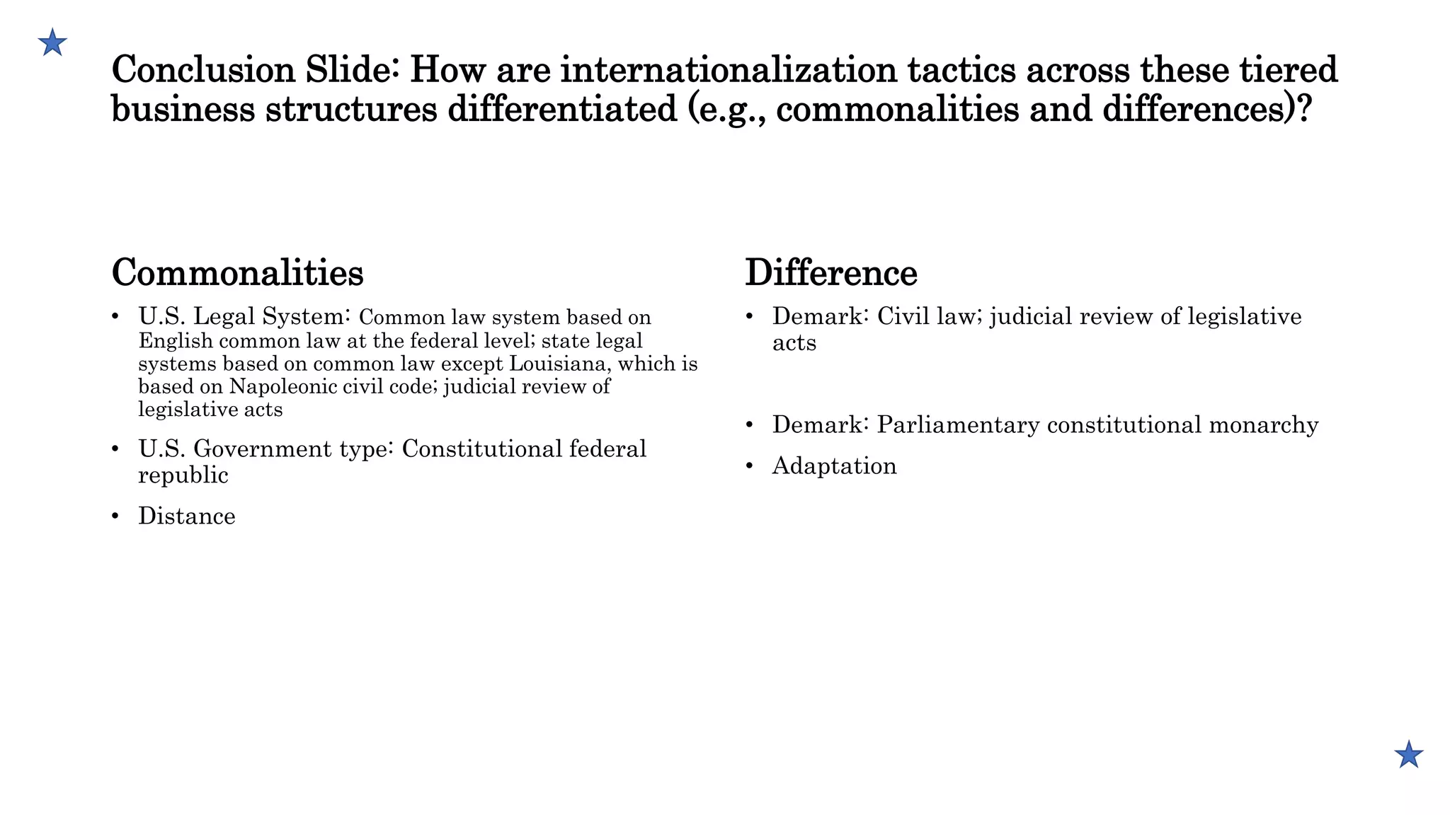 Conclusion Slide: How are internationalization tactics across these tiered
business structures differentiated (e.g., commonalities and differences)?
Commonalities
• U.S. Legal System: Common law system based on
English common law at the federal level; state legal
systems based on common law except Louisiana, which is
based on Napoleonic civil code; judicial review of
legislative acts
• U.S. Government type: Constitutional federal
republic
• Distance
Difference
• Demark: Civil law; judicial review of legislative
acts
• Demark: Parliamentary constitutional monarchy
• Adaptation
 