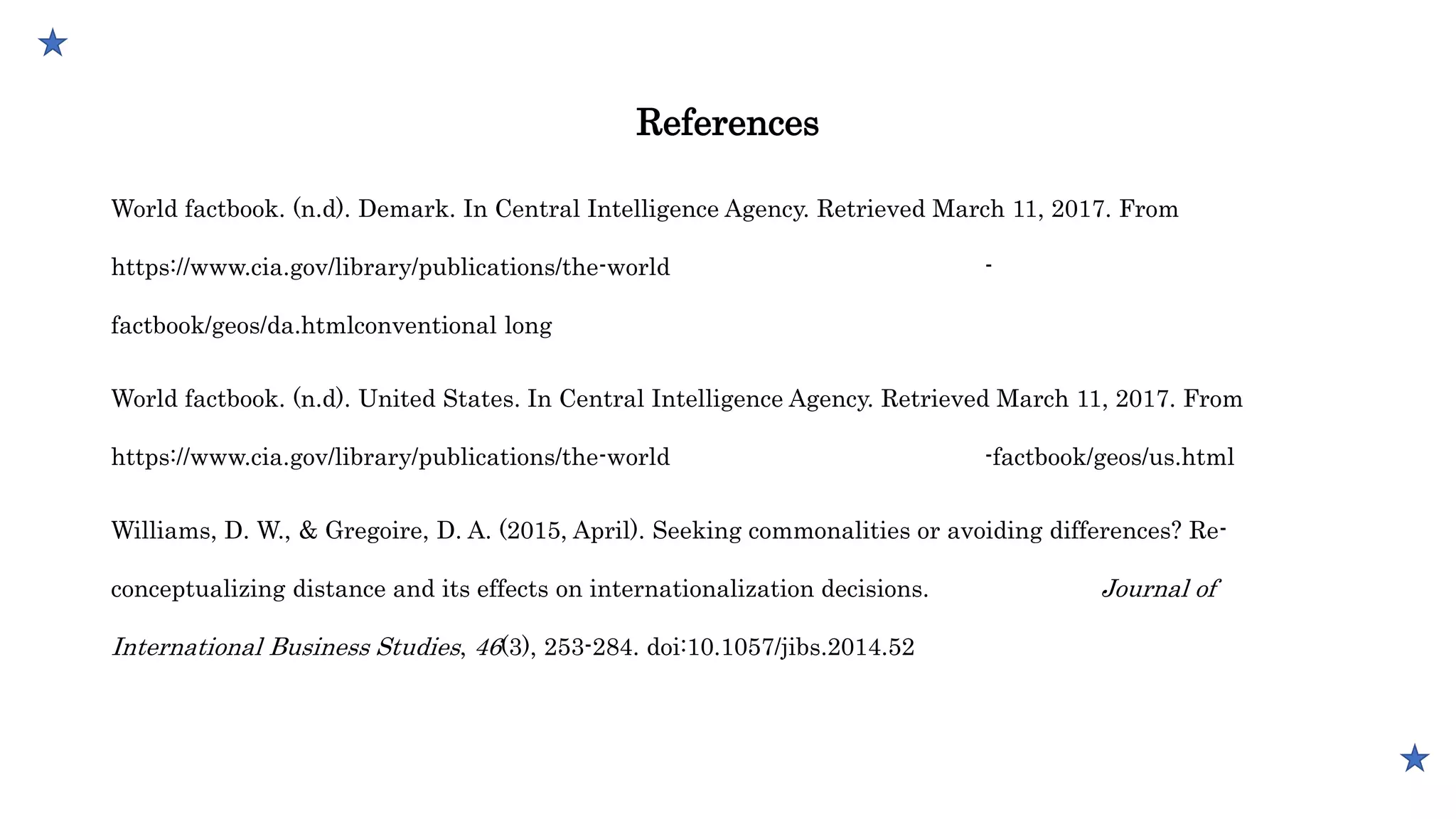 References
World factbook. (n.d). Demark. In Central Intelligence Agency. Retrieved March 11, 2017. From
https://www.cia.gov/library/publications/the-world -
factbook/geos/da.htmlconventional long
World factbook. (n.d). United States. In Central Intelligence Agency. Retrieved March 11, 2017. From
https://www.cia.gov/library/publications/the-world -factbook/geos/us.html
Williams, D. W., & Gregoire, D. A. (2015, April). Seeking commonalities or avoiding differences? Re-
conceptualizing distance and its effects on internationalization decisions. Journal of
International Business Studies, 46(3), 253-284. doi:10.1057/jibs.2014.52
 