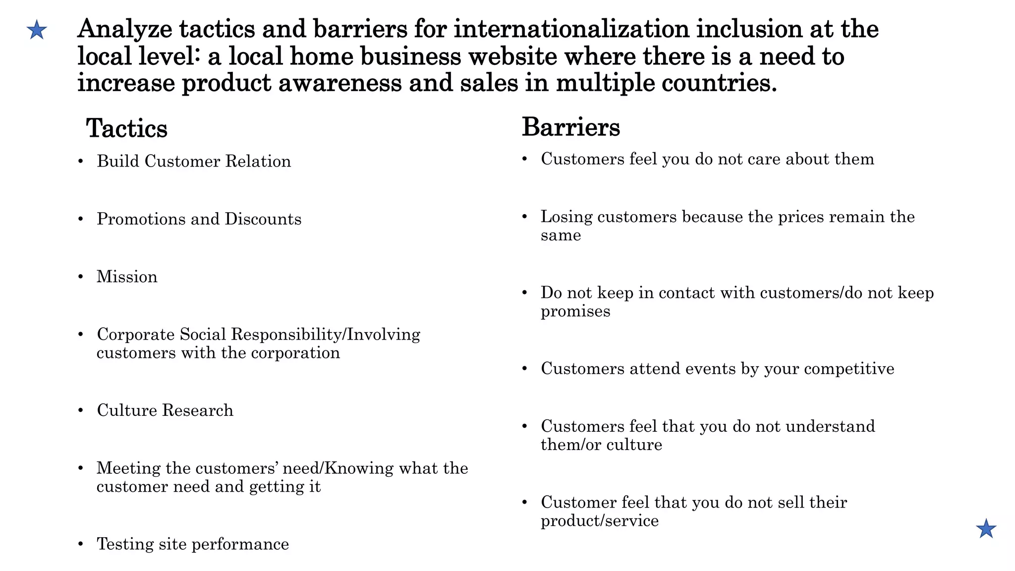 Analyze tactics and barriers for internationalization inclusion at the
local level: a local home business website where there is a need to
increase product awareness and sales in multiple countries.
Tactics
• Build Customer Relation
• Promotions and Discounts
• Mission
• Corporate Social Responsibility/Involving
customers with the corporation
• Culture Research
• Meeting the customers’ need/Knowing what the
customer need and getting it
• Testing site performance
Barriers
• Customers feel you do not care about them
• Losing customers because the prices remain the
same
• Do not keep in contact with customers/do not keep
promises
• Customers attend events by your competitive
• Customers feel that you do not understand
them/or culture
• Customer feel that you do not sell their
product/service
 